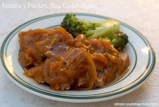 Mom's 3 Packet Slow Cooker Roast Beef on a dinner plate with steamed broccoli