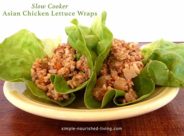 Asian Chicken Lettuce Wraps on yellow plate.