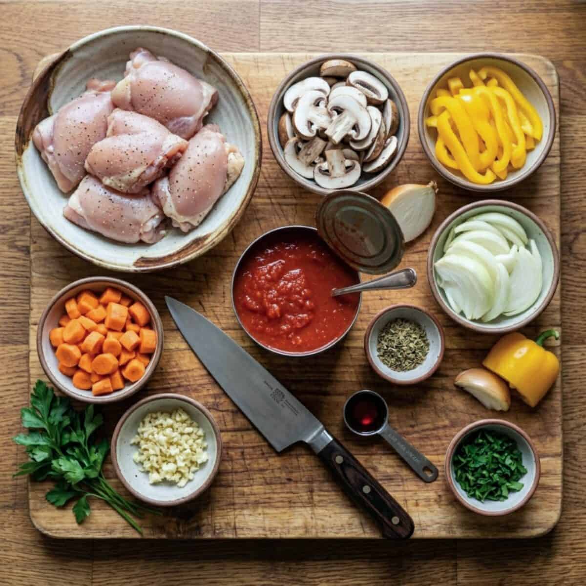 Ingredients including boneless, skinless chicken thighs, sliced mushrooms, sliced yellow bell pepper, chopped carrots, minced garlic, can of crushed tomatoes, sliced onions and fresh chopped parsley on wood cutting board with chef knife.