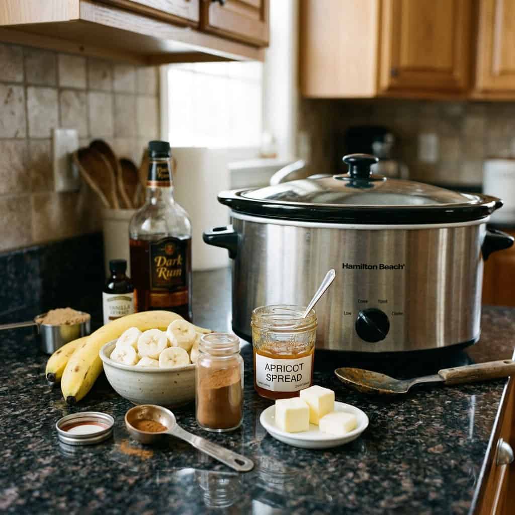 kitchen counter with slow cooker and ingredients for bananas foster: bananas, brown sugar, cinnamon, apricot spread