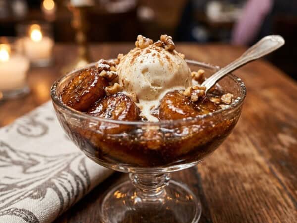 stemmed glass dish with bananas foster on wooden table