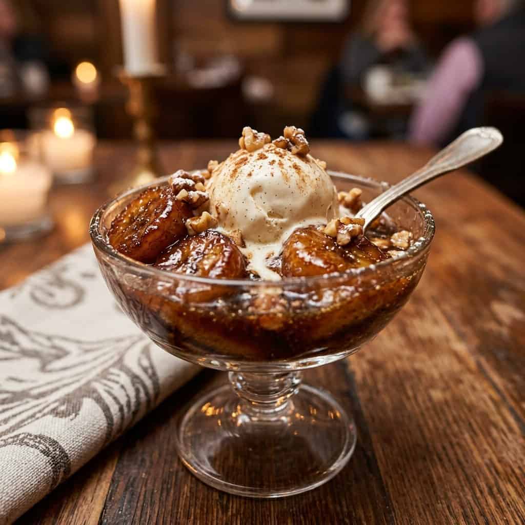 stemmed glass dish with bananas foster on wooden table
