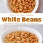 Slow cooker white beans with fresh thyme in white bowl.