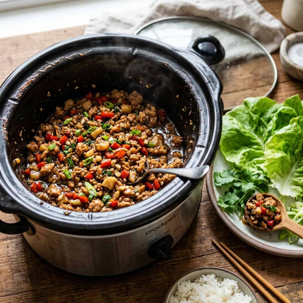 Cooking slow cooker Asian chicken lettuce wraps in black crockpot on wood table with small bowl of white rice and plate of Bibb Lettuce alongside.