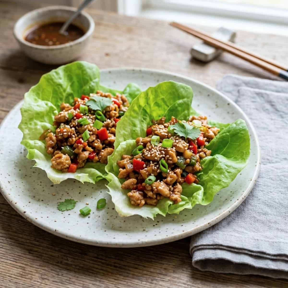 Two slow cooker Asian chicken lettuce wraps on white plate with linen napkin, chopsticks and hoisin sauce in the background.