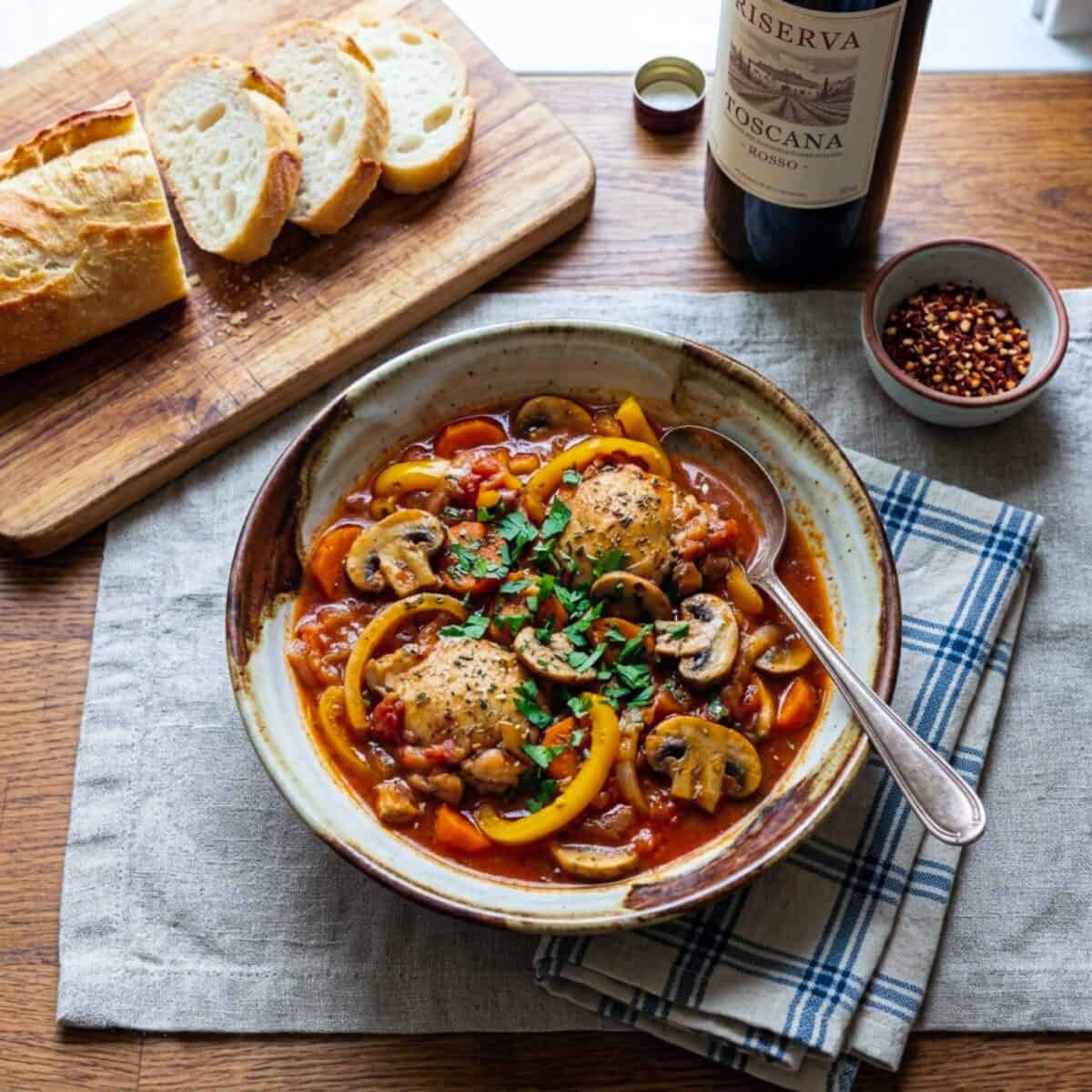 Slow Cooker Chicken Cacciatore Stew in ceramic bowl with spoon and linen napkin on wood table with slices of baguette, a bottle of red wine and small bowl of crushed red pepper flakes.