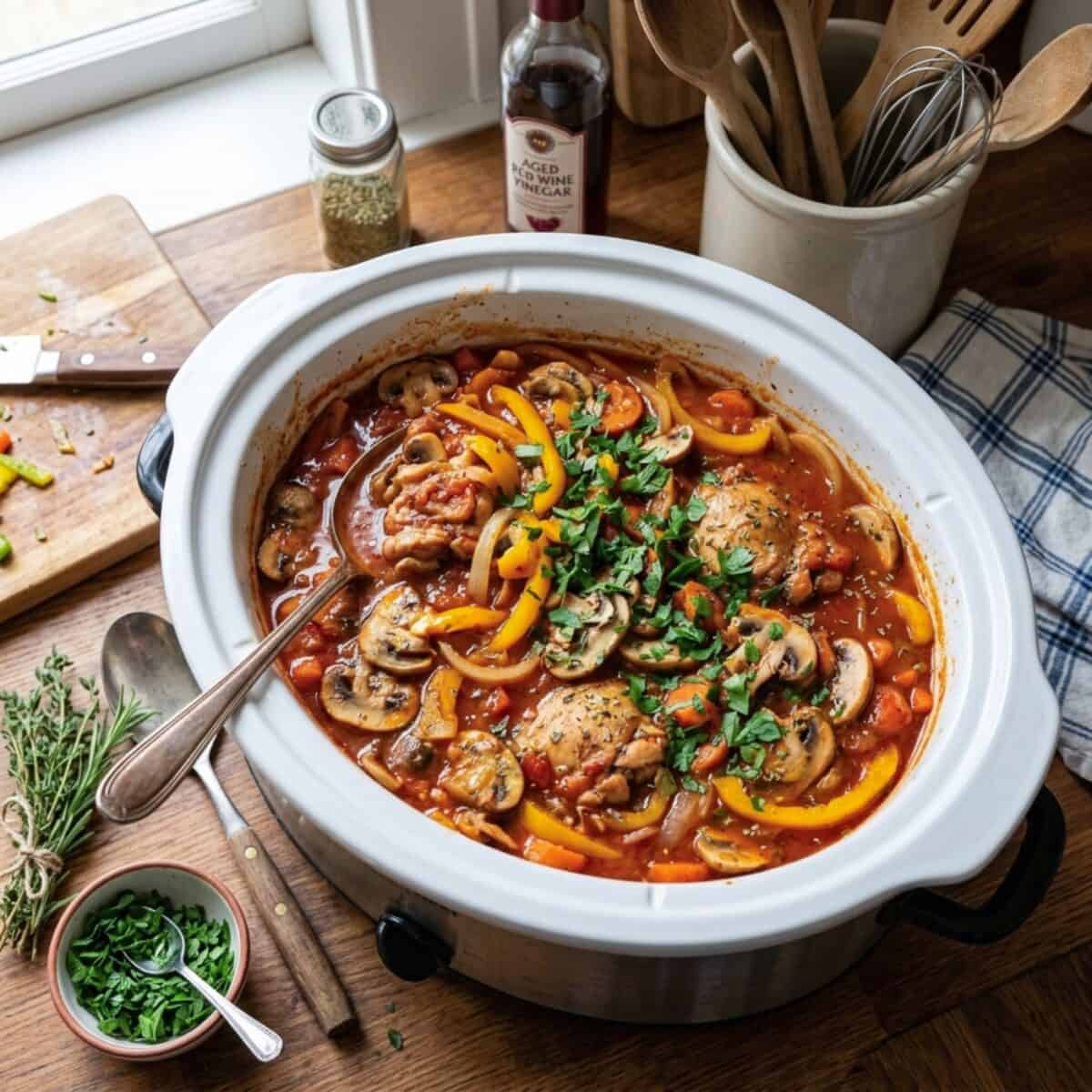 Slow Cooker Chicken Cacciatore Stew in white crock pot with cooking utensils and fresh chopped parsley.