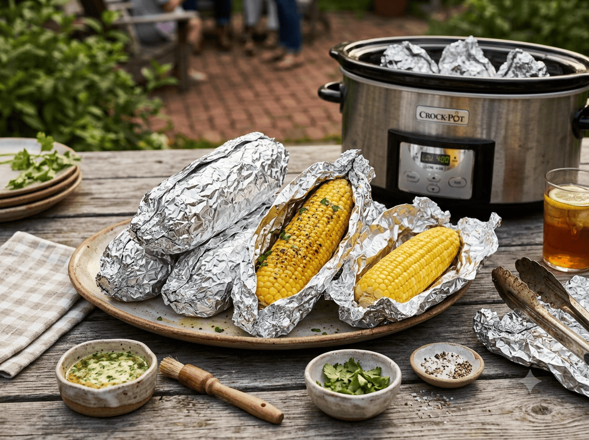 foil wrapped ears of corn with slow cooker in background