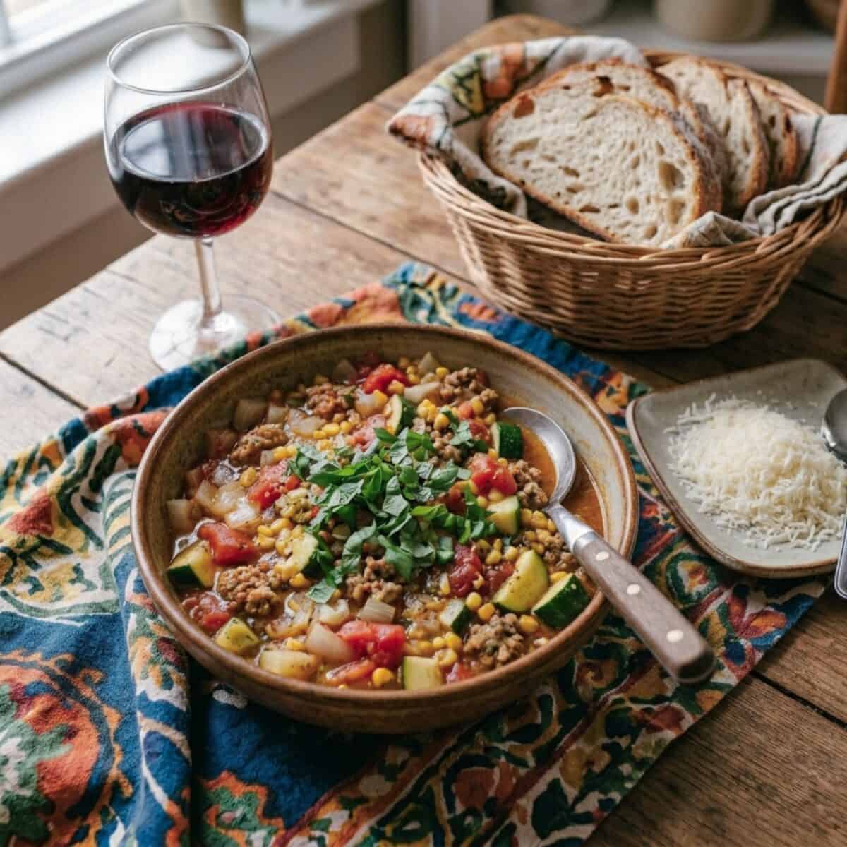 Slow Cooker Sausage with Vegetables in a ceramic bowl with a spoon and colorful linen napkin on a wood table with basket of crusty bread, shredded Parmesan cheese and glass of red wine alongside.