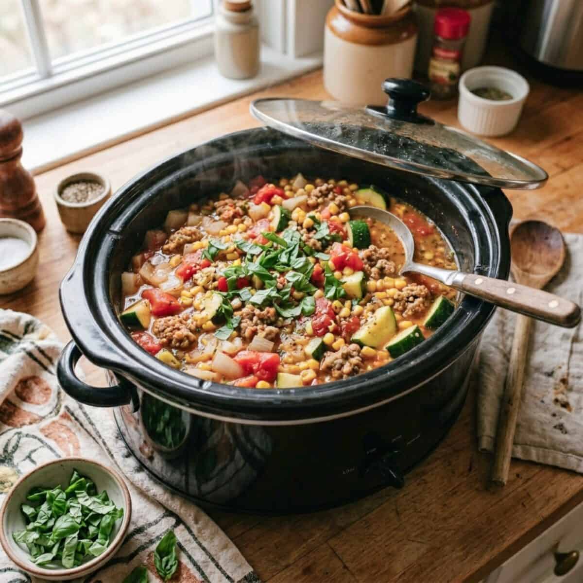 Slow Cooker Sausage and Vegetables in black crock pot on kitchen counter with fresh chopped basil and cooking utensils alongside.