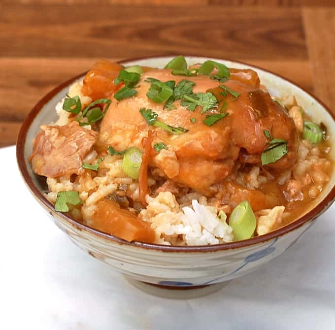 Bowl of chicken teriyaki over white rice and garnished with chopped green onion.
