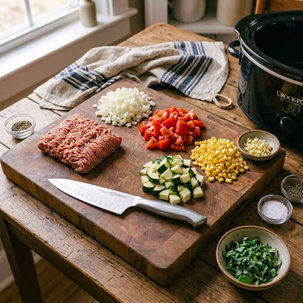Ingredients on kitchen counter including lean ground turkey, chopped onion, chopped tomatoes, chopped zucchini, corn, minced garlic, chopped fresh basil with chef knife and black slow cooker alongside.