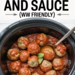 crockpot with meatballs and marinara sauce with text overlay for pinterest pin