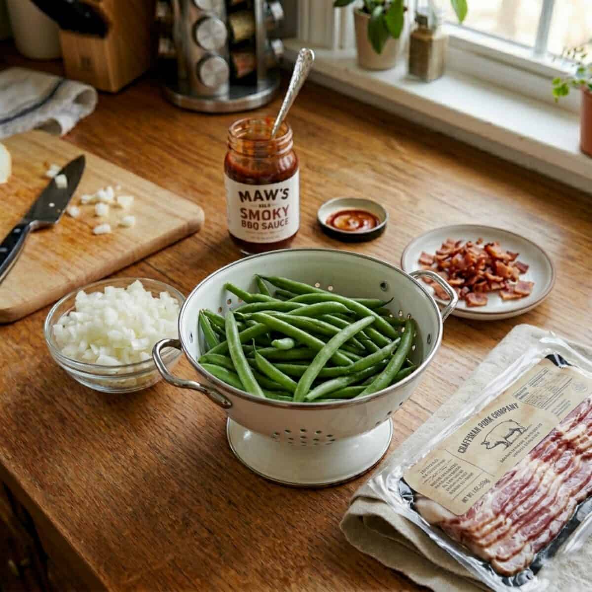 Ingredients including fresh green beans in a colander, chopped onion, crumbled cooked bacon and jar of barbecue sauce on wood counter.