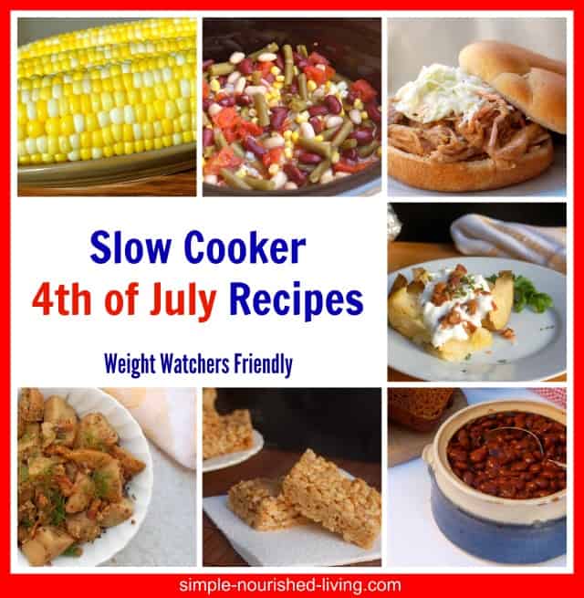 Variety of summer slow cooker foods including corn on the cob, potato salad, three bean salad and pulled pork sandwich.