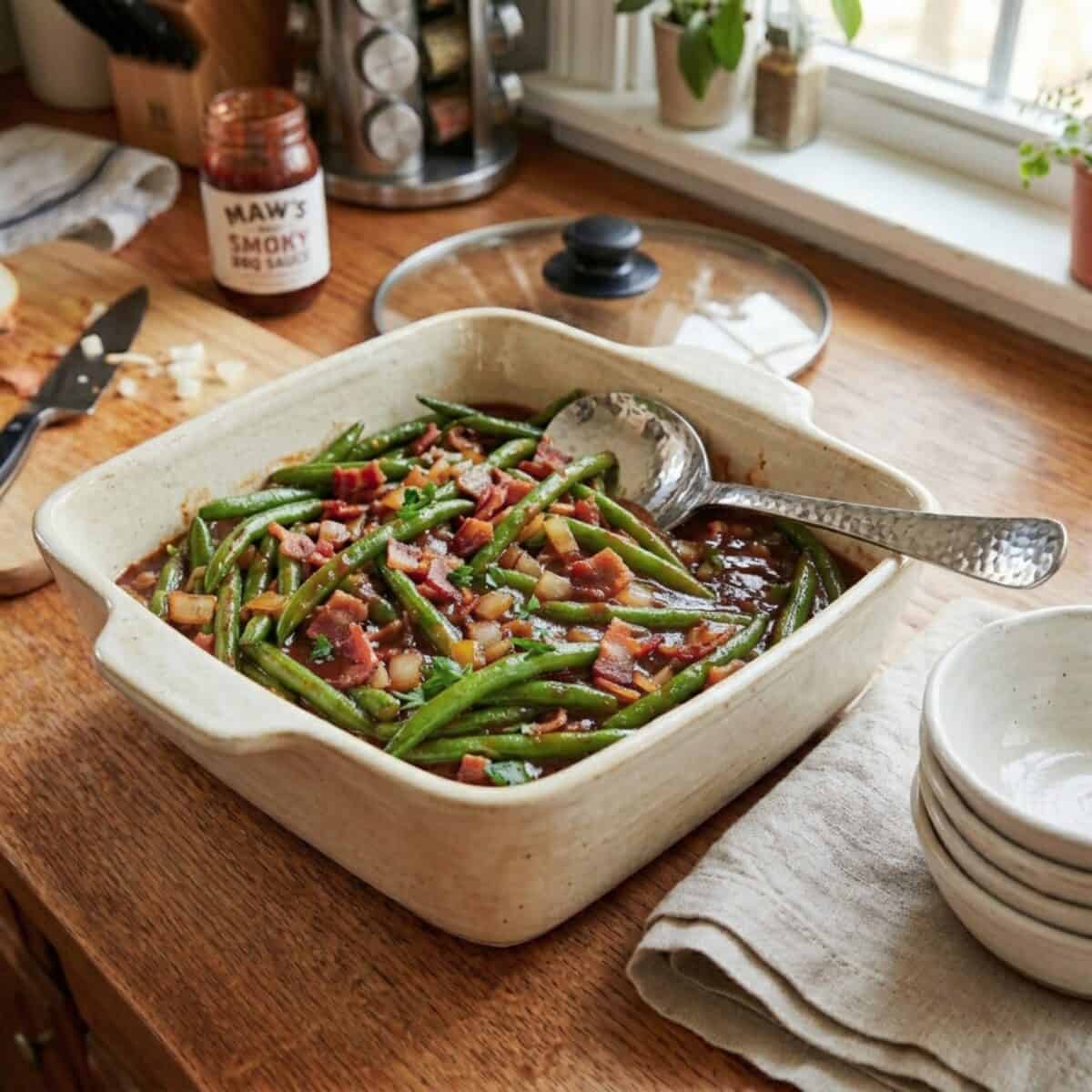 Slow Cooker Barbecue Green Beans in square serving dish with serving spoon and stack of bowls on linen napkin on wood surface.