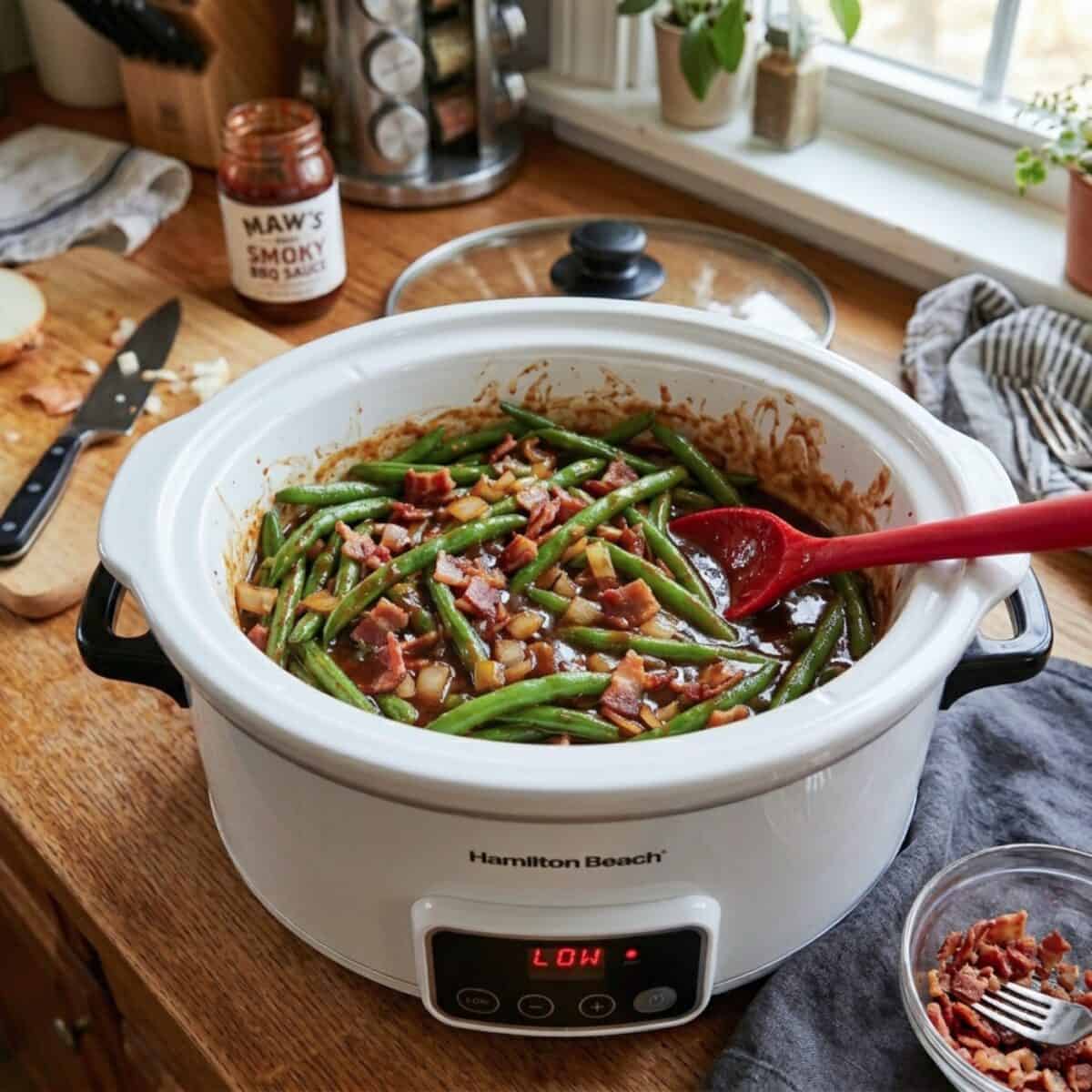 Cooking slow cooker barbecue green beans with bacon in a white slow cooker.