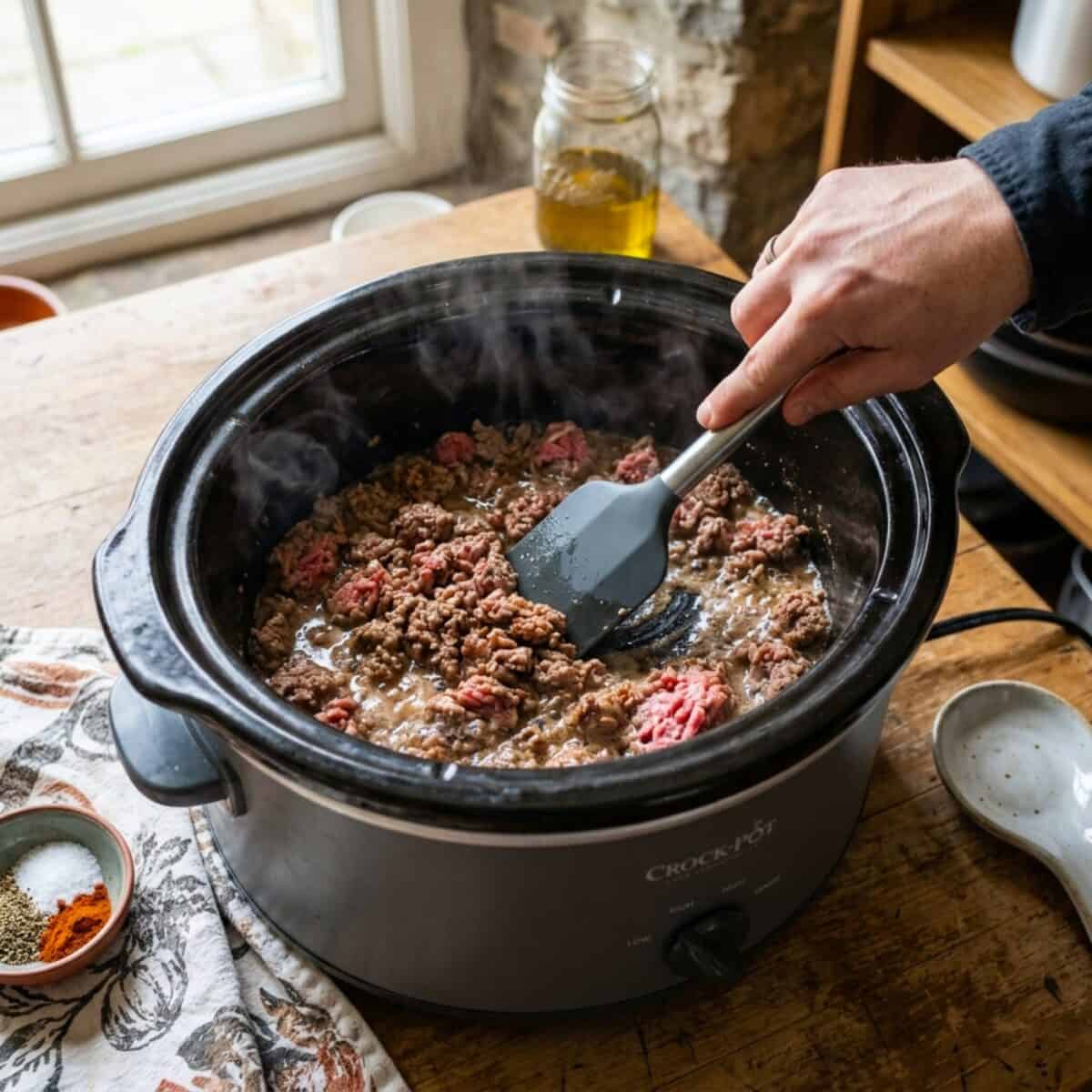 Cooking ground beef in a slow cooker.