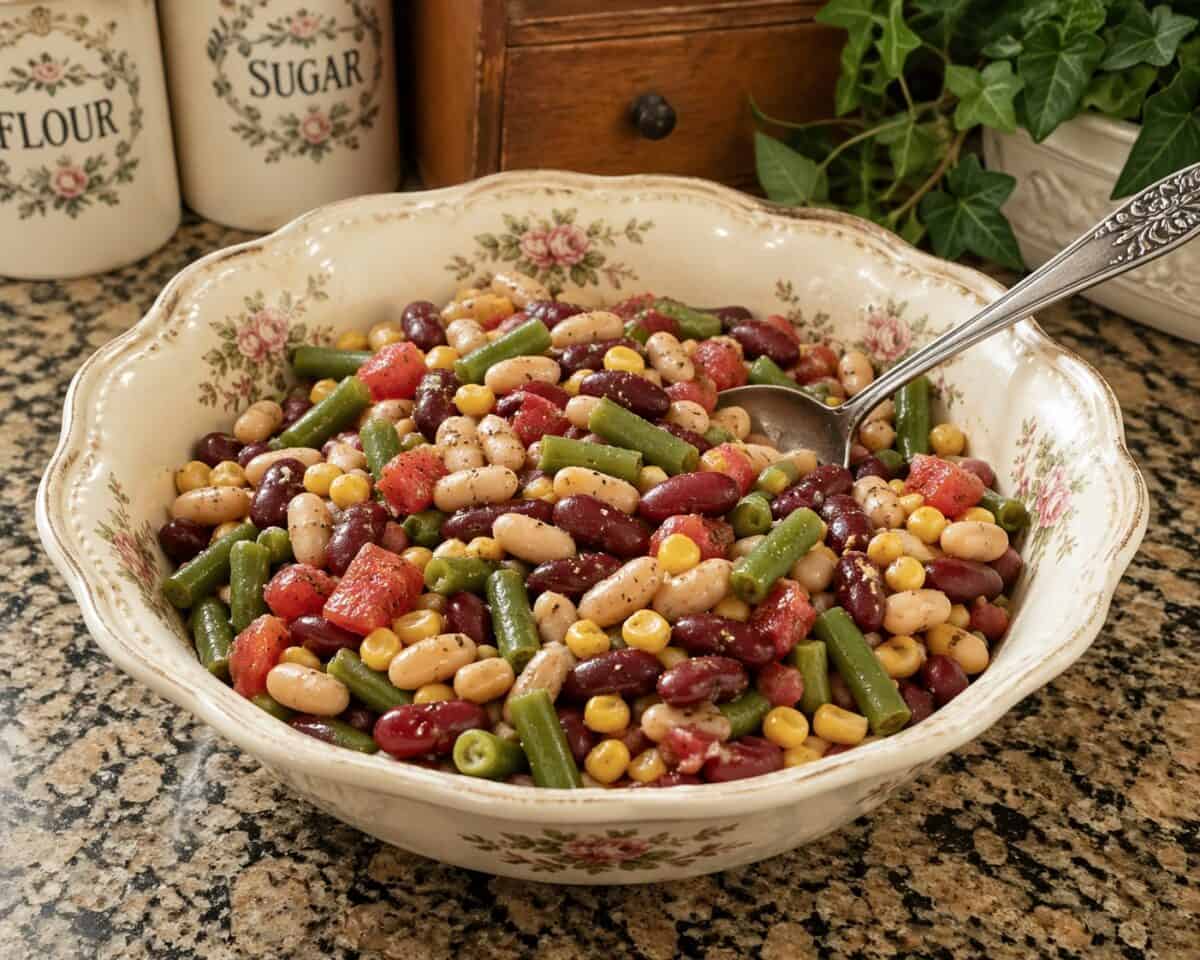 Warm Three Bean Salad in vintage flowered serving bowl with serving spoon on granite counter.