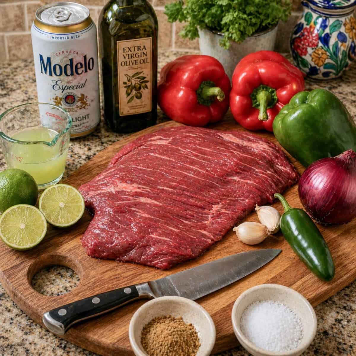 Ingredients for making steak fajitas including lean flank steak, red bell peppers, green bell pepper, red onion, jalapeño, garlic, lime juice, olive oil and light beer.