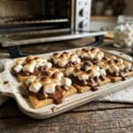 small tray of open-face s'mores with toaster oven in background