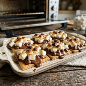 small tray of open-face s'mores with toaster oven in background