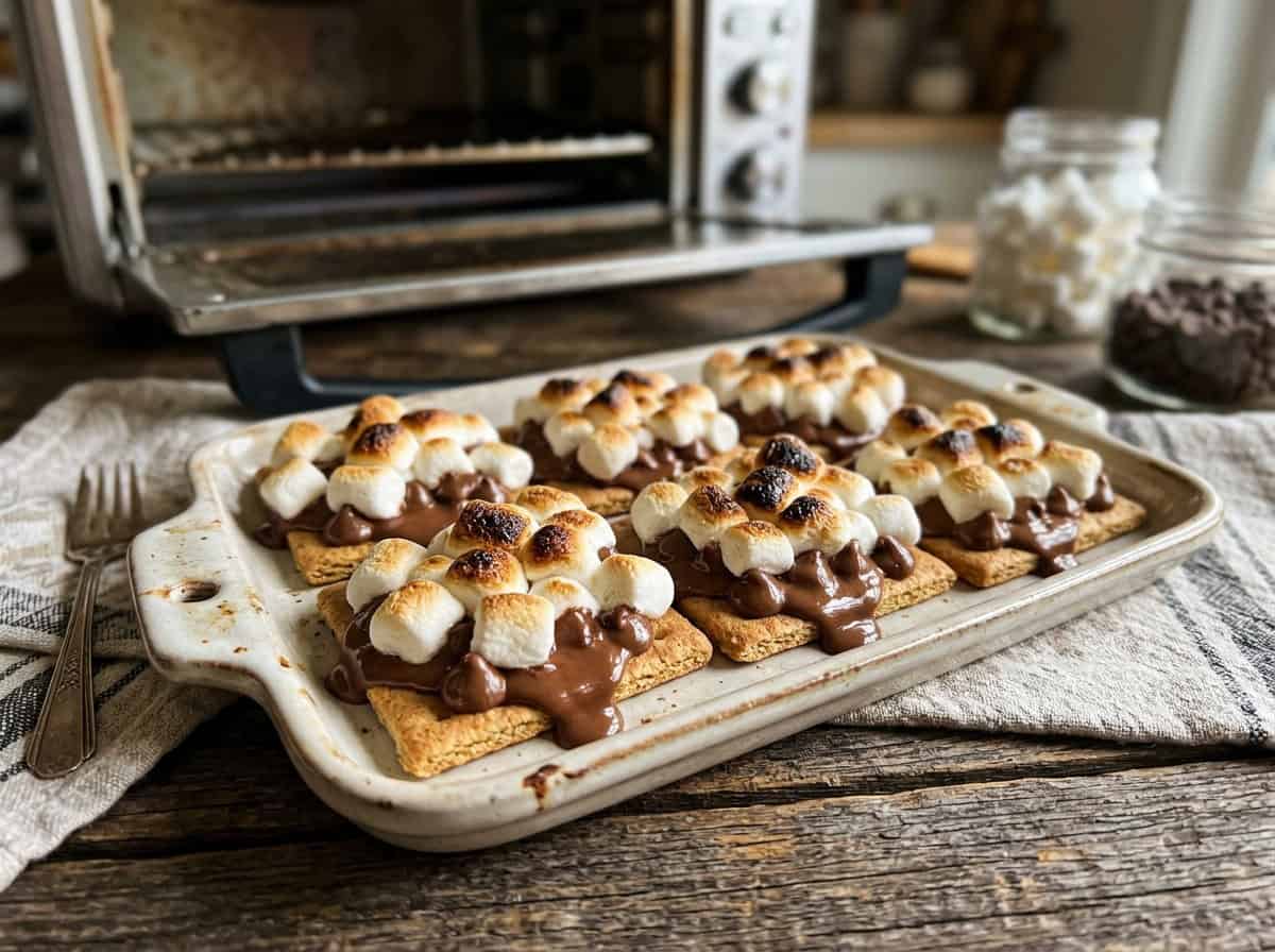 small tray of open-face s'mores with toaster oven in background