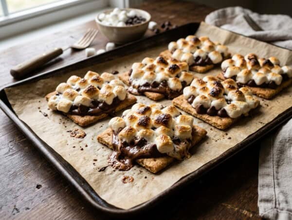 parchment lined baking sheet with open-face baked s'mores