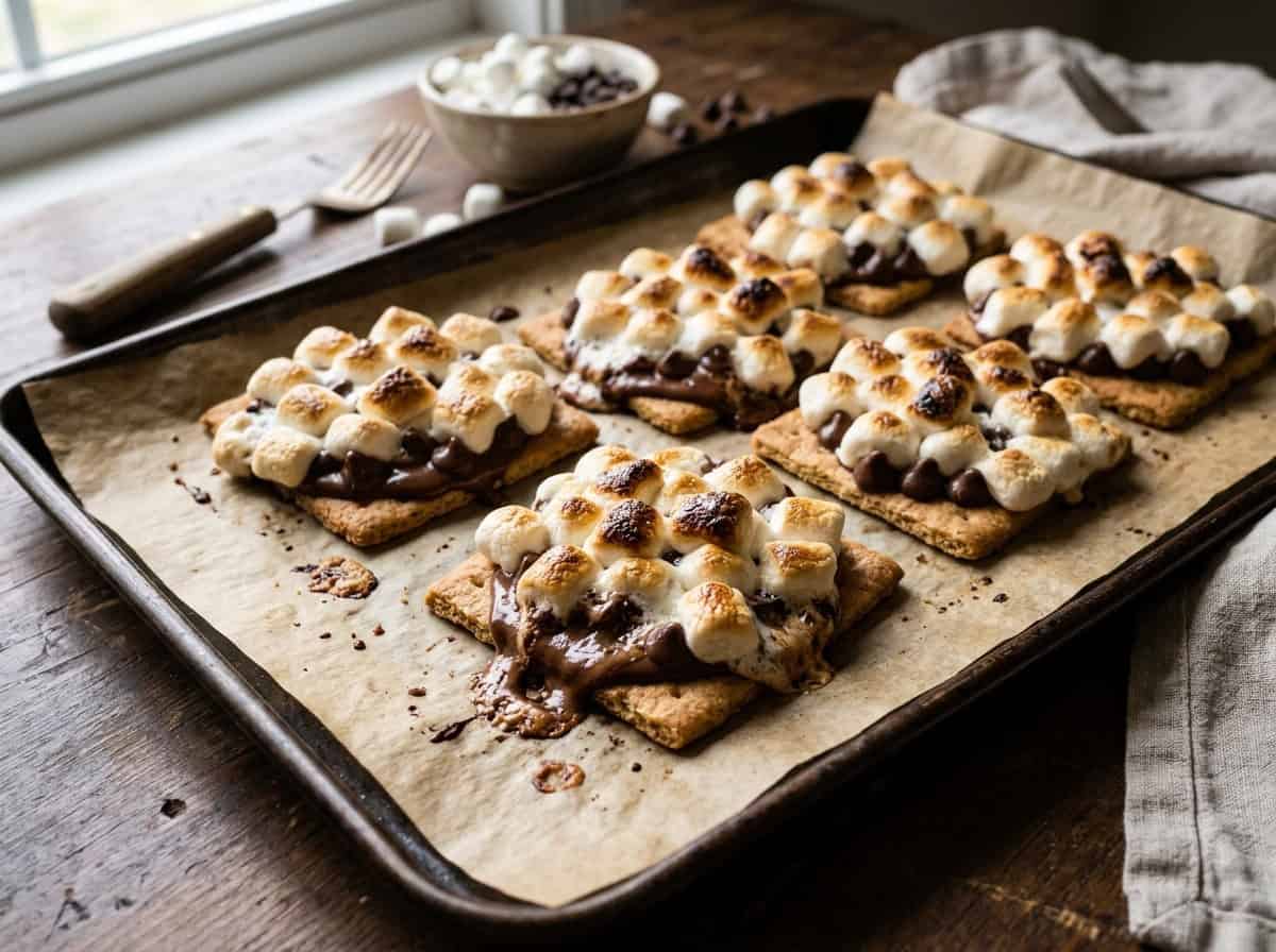 parchment lined baking sheet with open-face baked s'mores