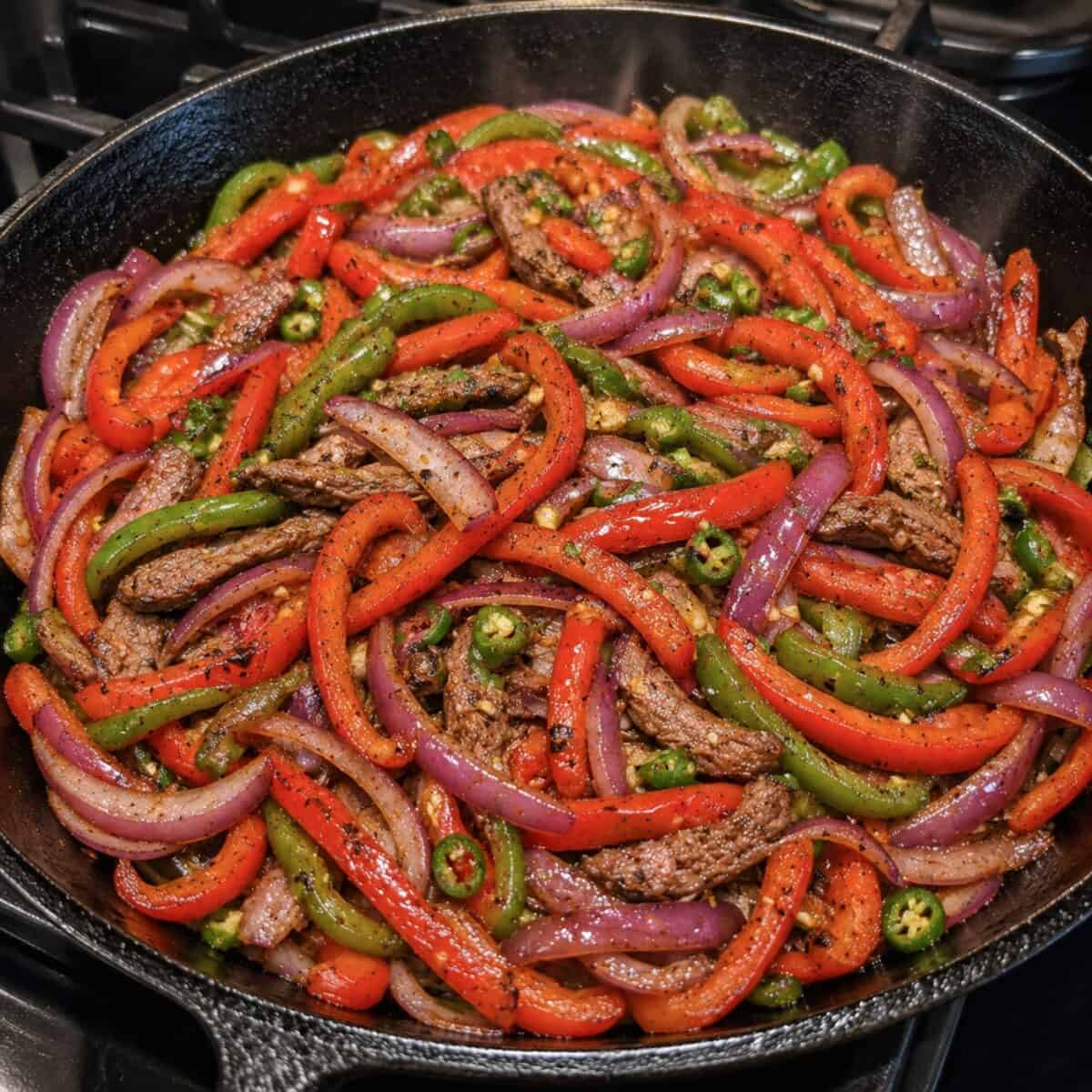Steak Fajitas in cast iron skillet on stove top.
