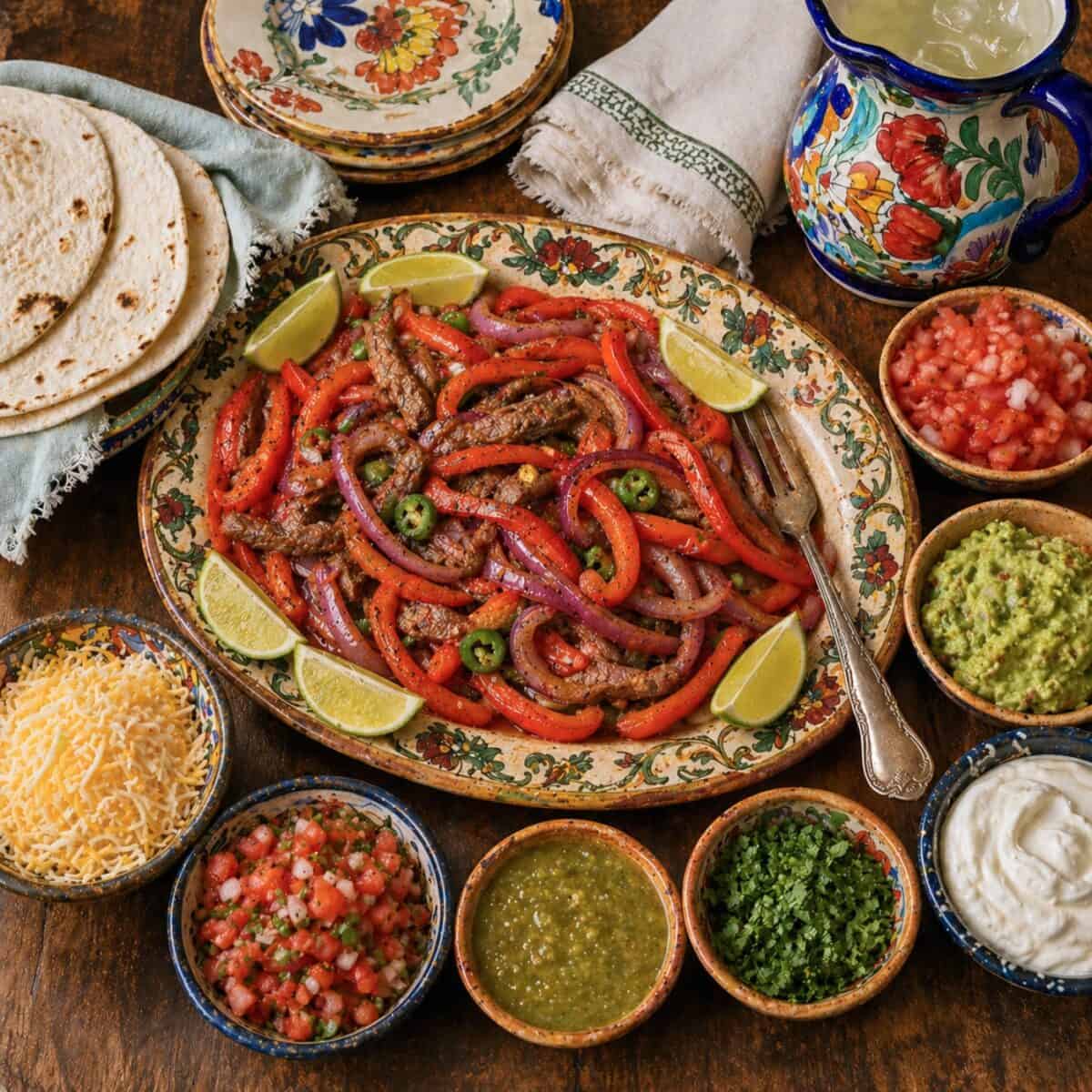 Steak Fajitas on serving platter with lime wedges and table of toppings including chopped tomatoes, guacamole, sour cream, chopped cilantro, salsa verde, pico de Gallo, shredded Mexican cheese blend and warm flour tortillas.