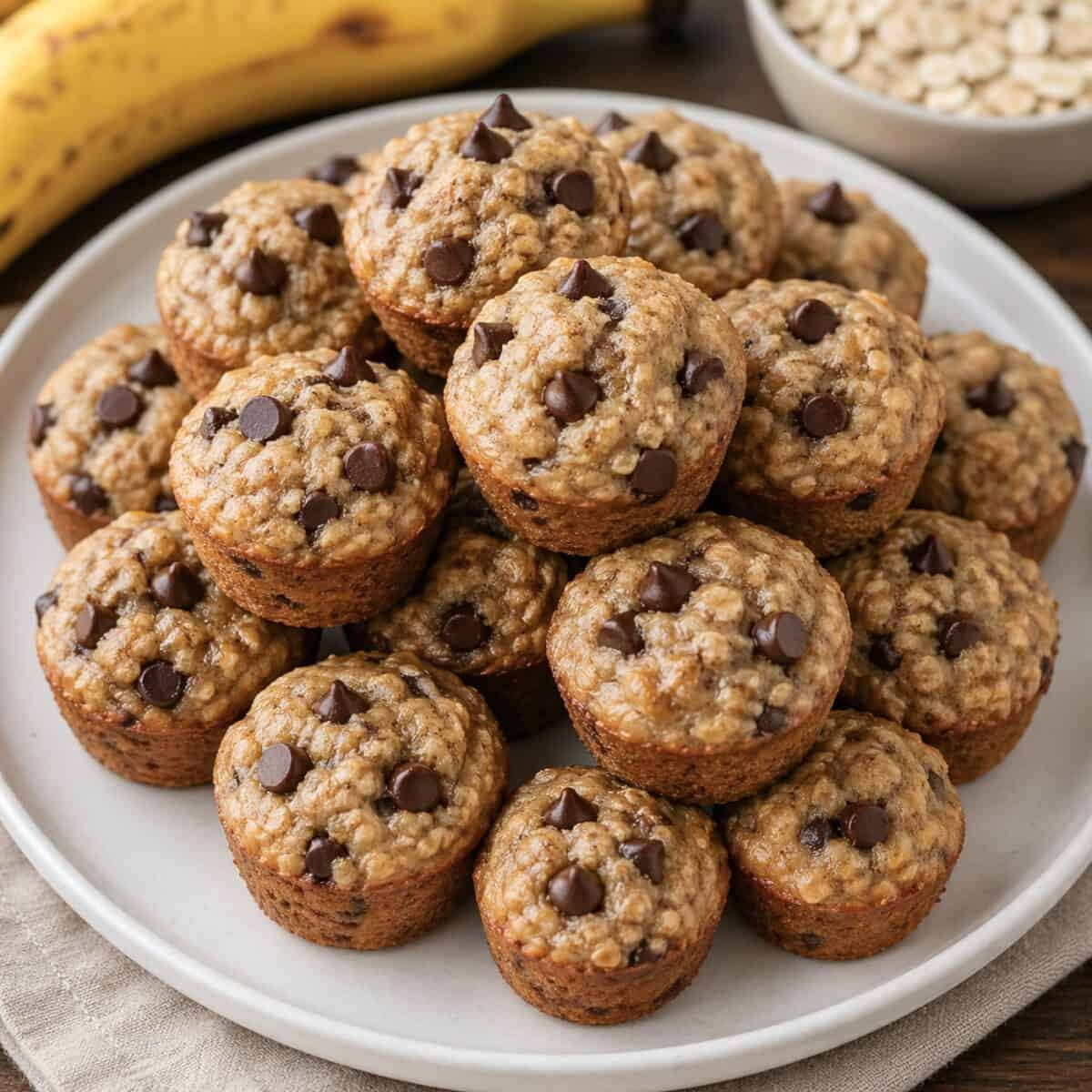 Banana Oatmeal Chocolate Chip Mini Muffins stacked on a white plate.