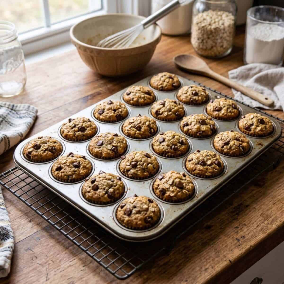Banana Oatmeal Chocolate Chip Mini Muffins in muffin pan on wire rack.