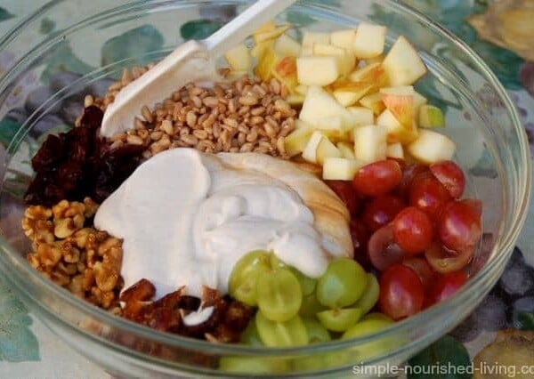 red green grapes apples grains yogurt arranged in a clear bowl before mixing