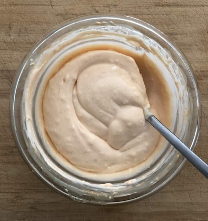 Hot pepper sauce and cream cheese stirred until smooth and creamy.
