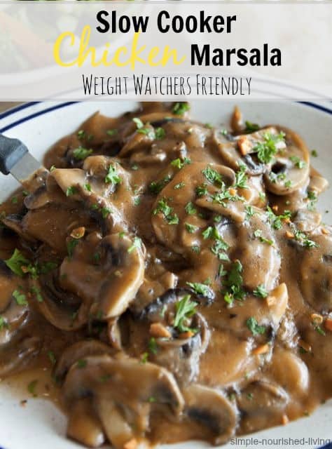 Slow cooker chicken marsala on dinner plate up close.