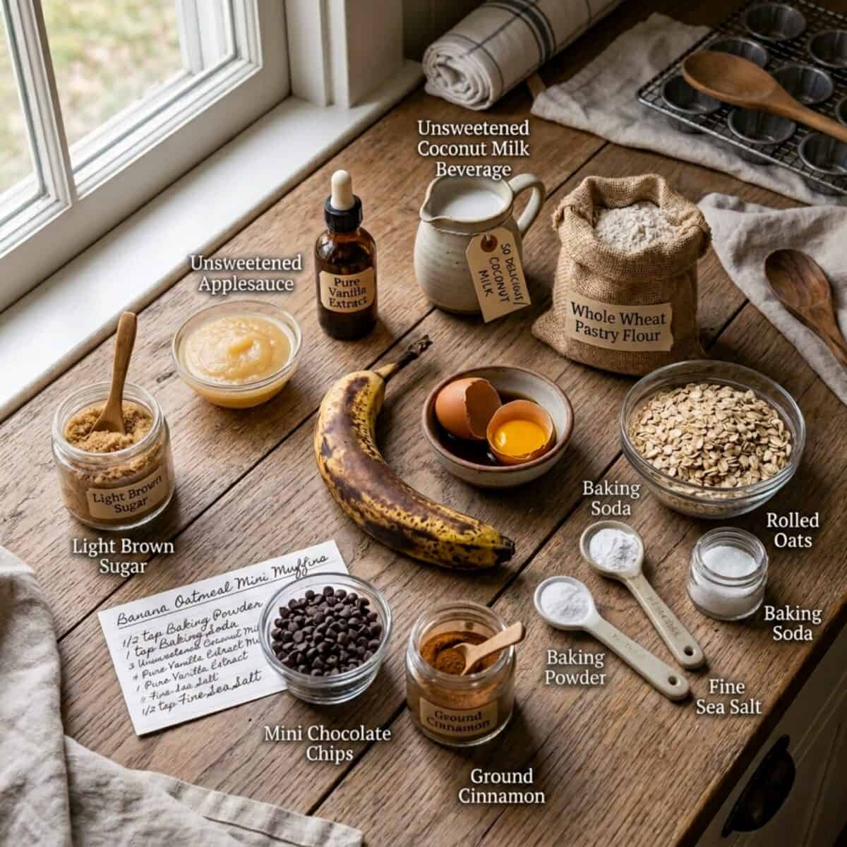 Ingredients including light brown sugar, unsweetened applesauce, vanilla extract, coconut milk beverage, whole wheat pastry flour, rolled oats, an egg, over-ripe banana, mini chocolate chips, ground cinnamon, baking powder, baking soda and salt on wood counter.