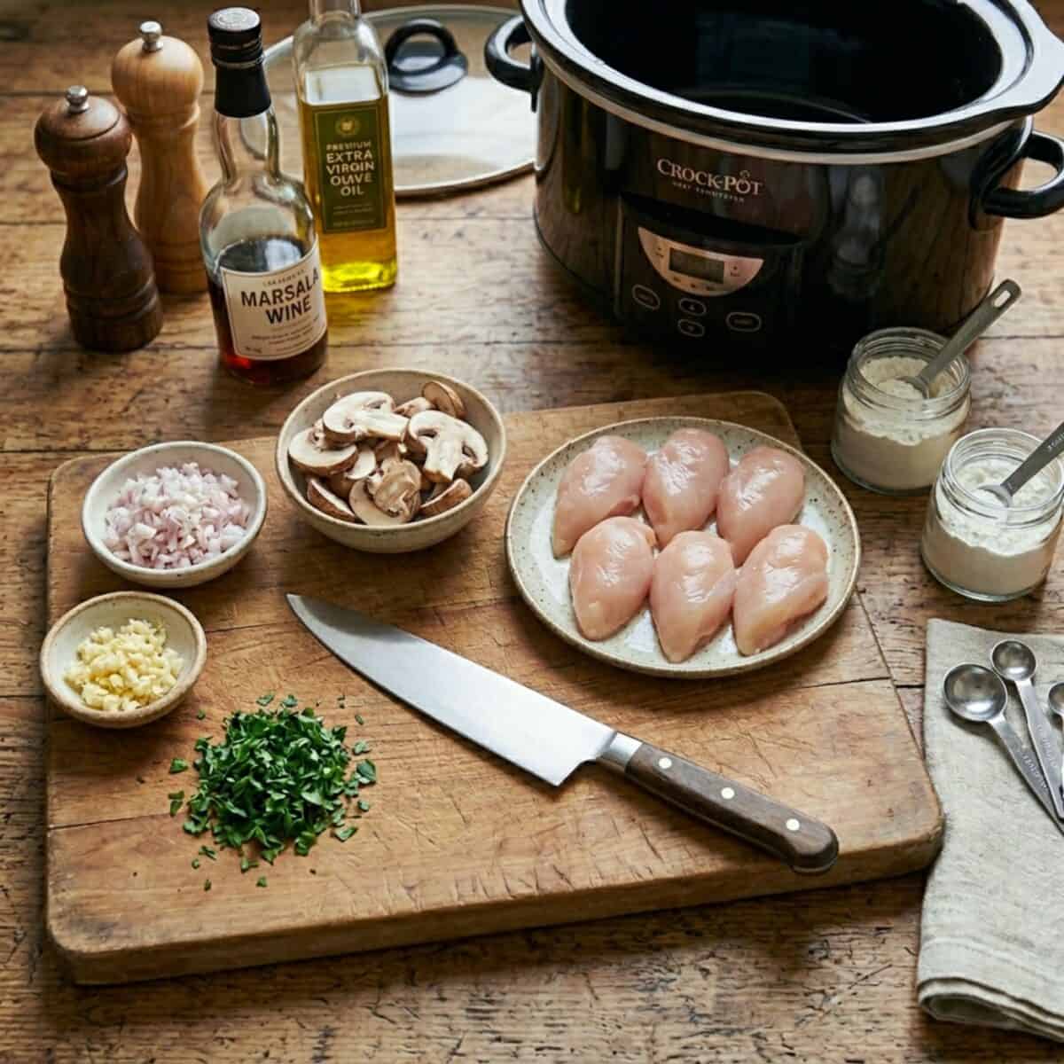 Ingredients including boneless, skinless chicken breasts, sliced mushrooms, chopped shallot, chopped garlic and chopped parsley on wood table with black crock pot in the background.