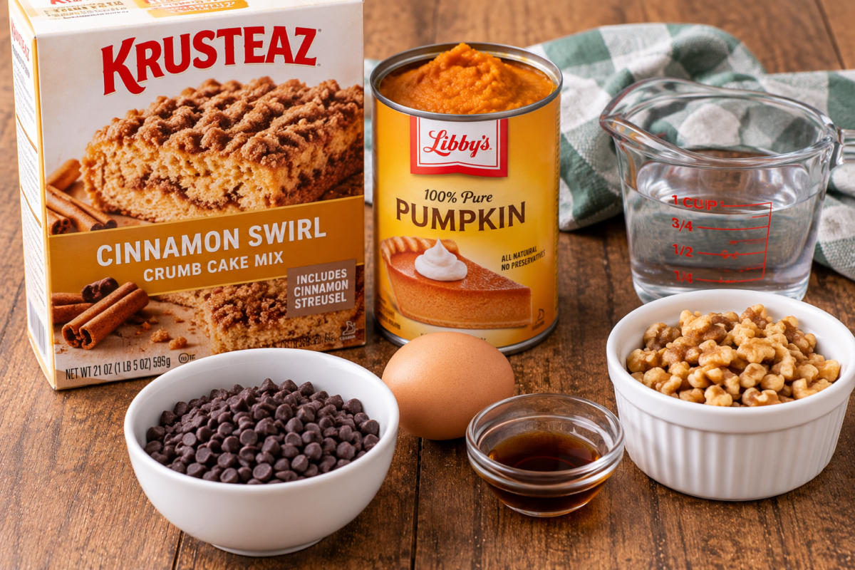 pumpkin crumb cake ingredients: crumb cake mix, canned pumpkin, water, egg, chocolate chips, nuts