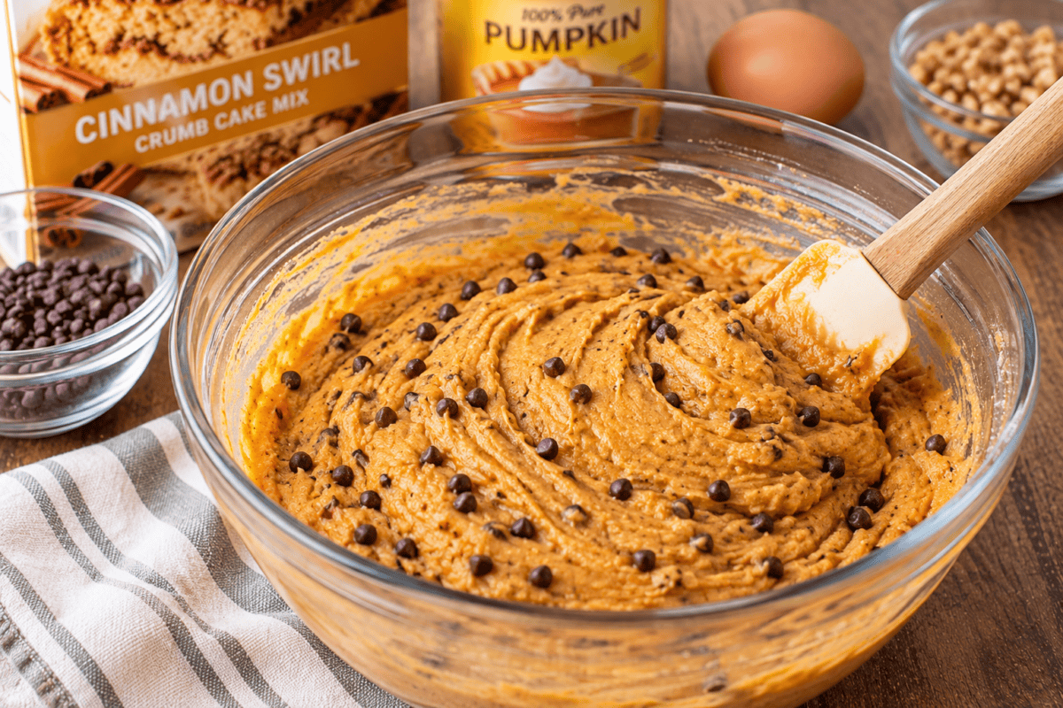 mixing together pumpkin crumb cake batter