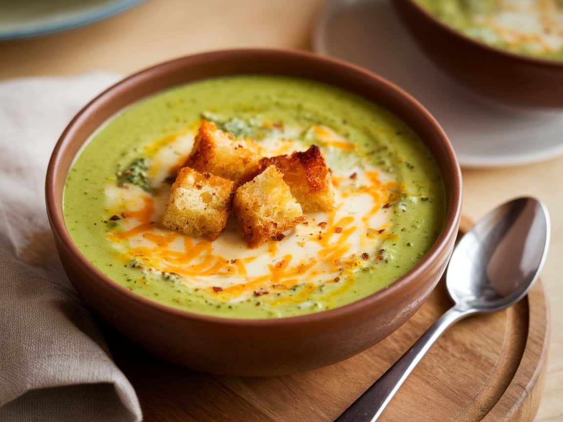 heavy brown ceramic bowl with broccoli cheese soup garnished with croutons