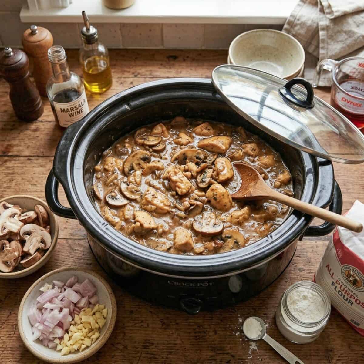 Stirring Slow Cooker Chicken Marsala in black crock pot with wood spoon and miscellaneous ingredients scattered about.