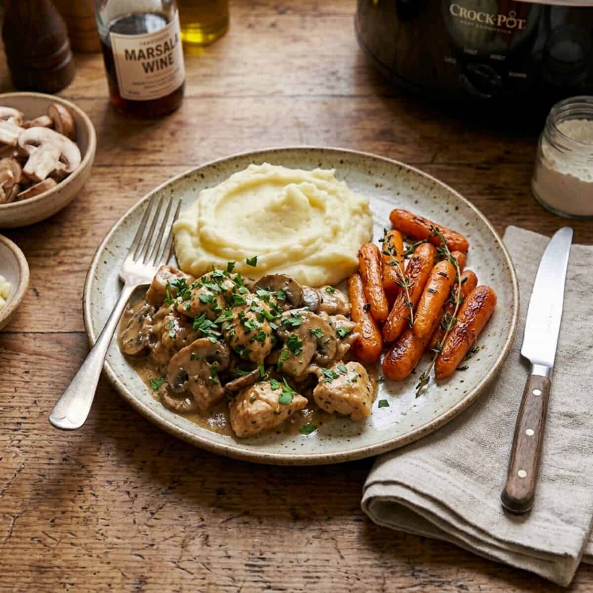 Slow Cooker Chicken Marsala on a dinner plate with mashed potatoes and roasted baby carrots with a fork, knife and linen napkin alongside.