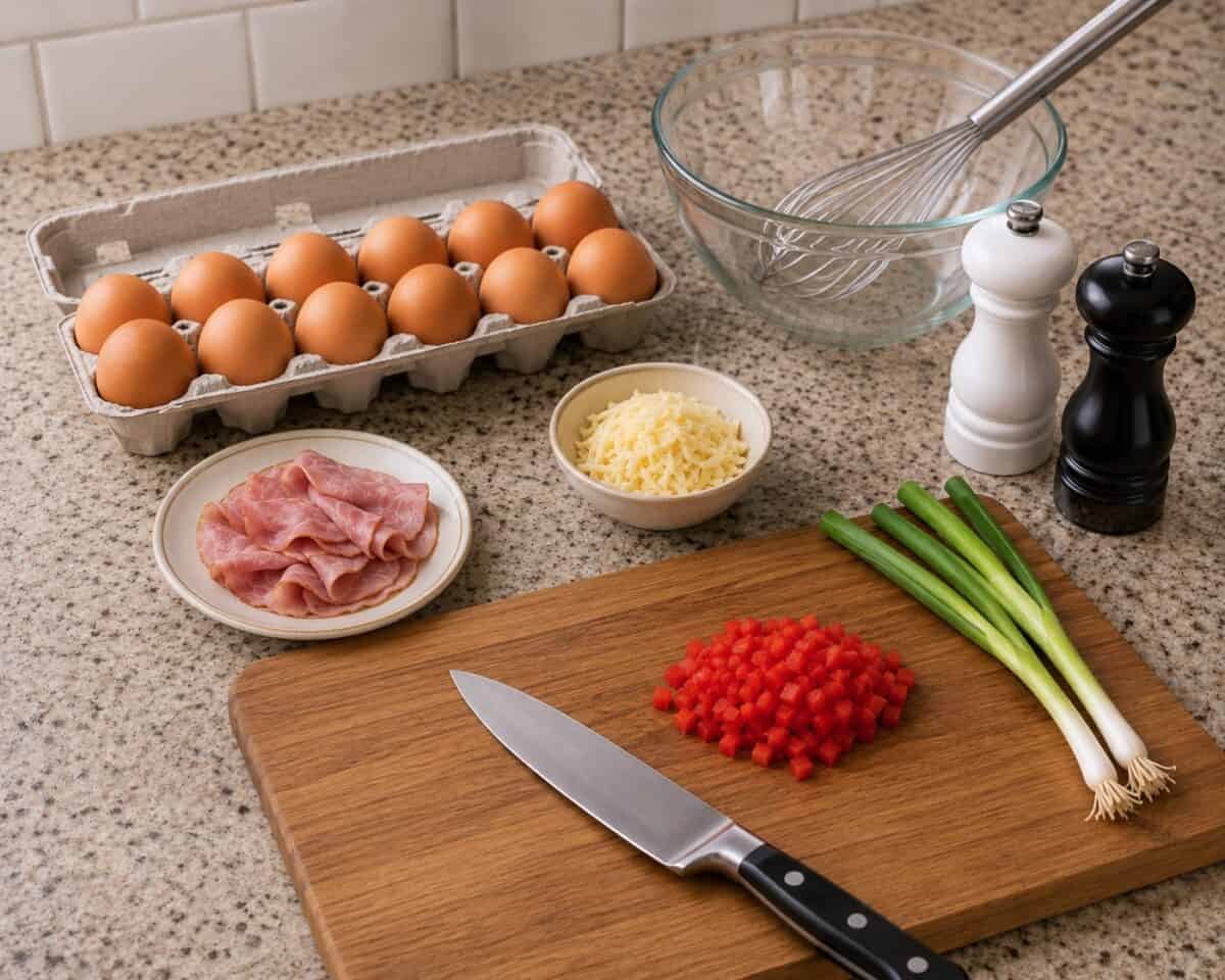 A dozen eggs, deli ham, shredded cheese, chopped red bell pepper, two scallions on a bamboo cutting board with chef knife and glass mixing bowl with whisk in the background.