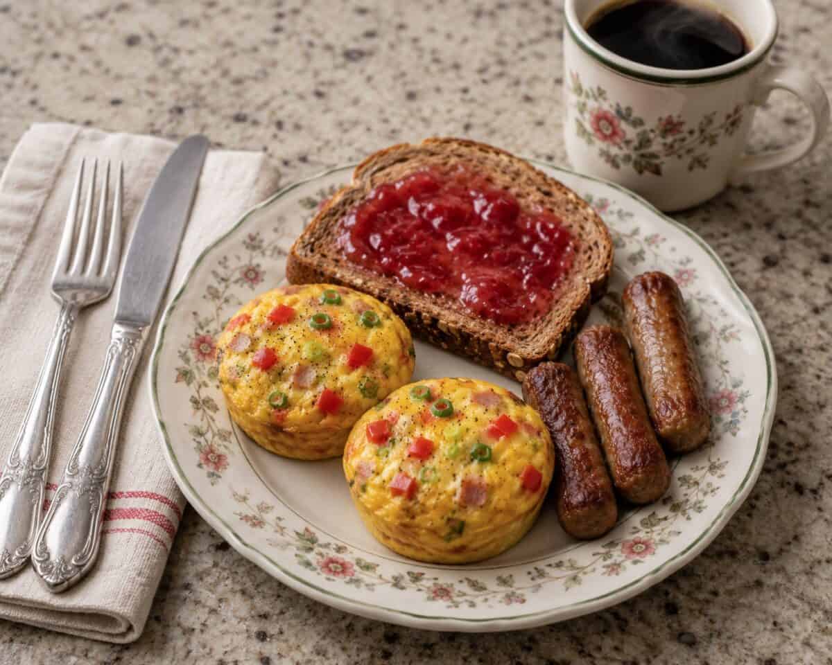 Two Western Omelet Muffins on a vintage plate with breakfast sausage, whole grain toast with strawberry jam alongside a mug of coffee and fork with knife on linen napkin.