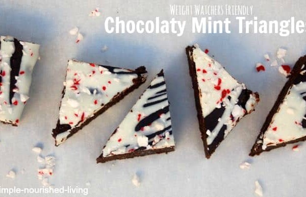 Weight Watchers Chocolate Mint Bars triangle arranged on white board from above