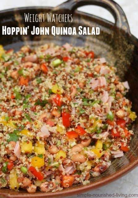 Hoppin John Salad with Quinoa in ceramic serving dish.