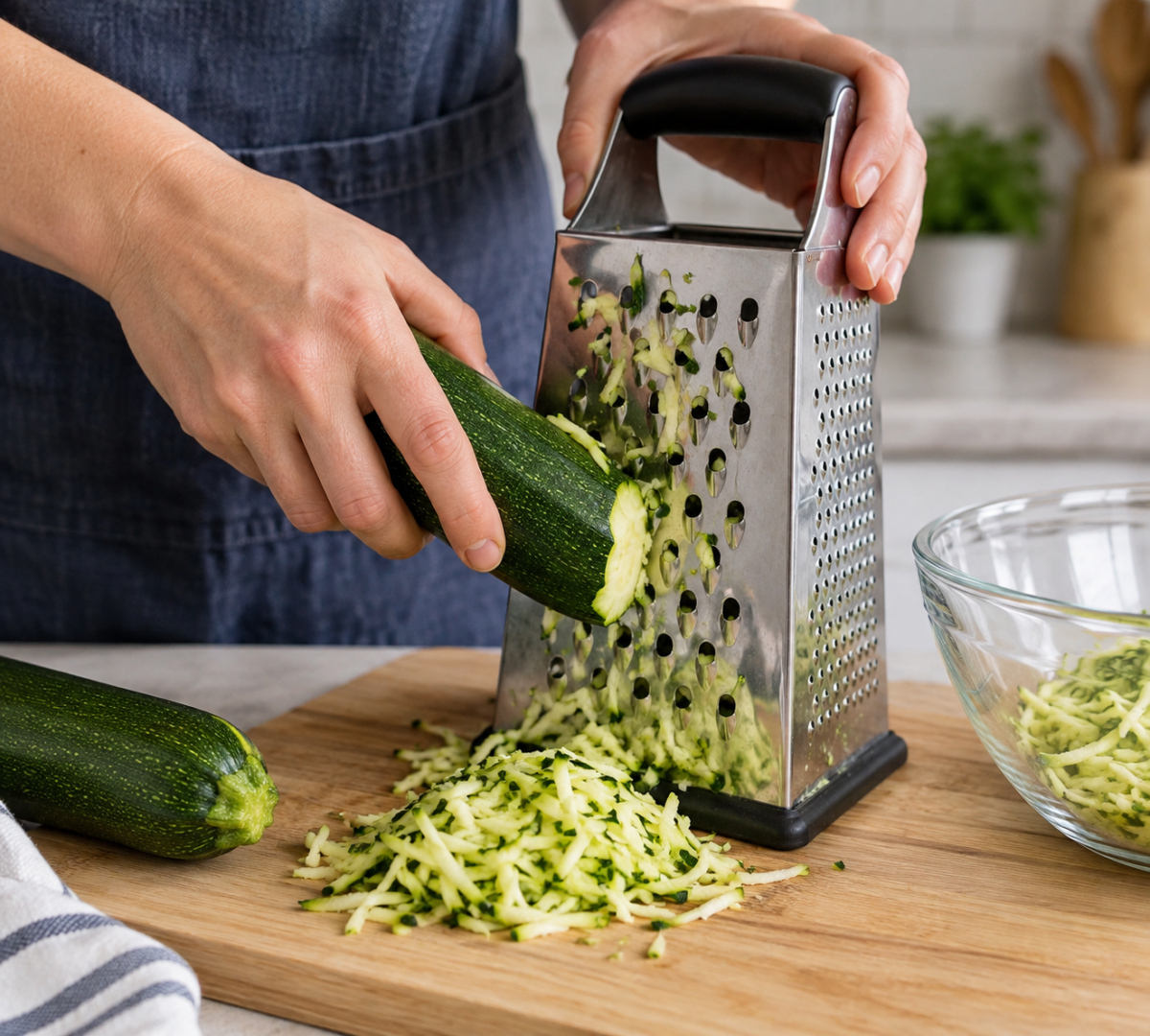 shredding zucchini on box grater