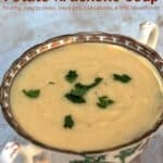 China bowl with creamy potato artichoke soup garnished with chopped parsley