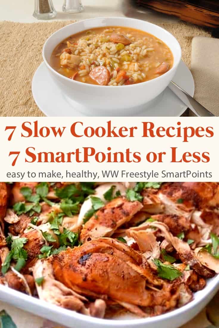 Weight Watchers Slow Cooker Recipes collage with bowl of chicken and sausage gumbo and Caribbean jerk chicken